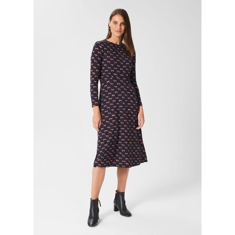 Hobbs London Sian Jersey Dress Dog Print‎ Navy Blue Long Sleeve Casual Size 6